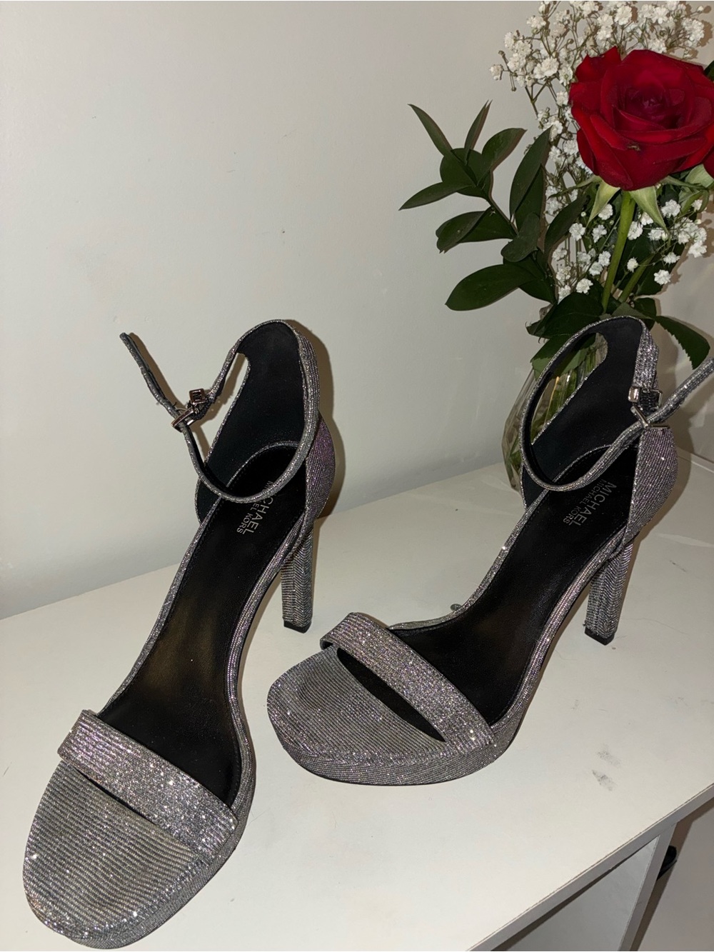 Michael Kors Glitter Ankle-Strap Block Heel Sandals Silver Size 8